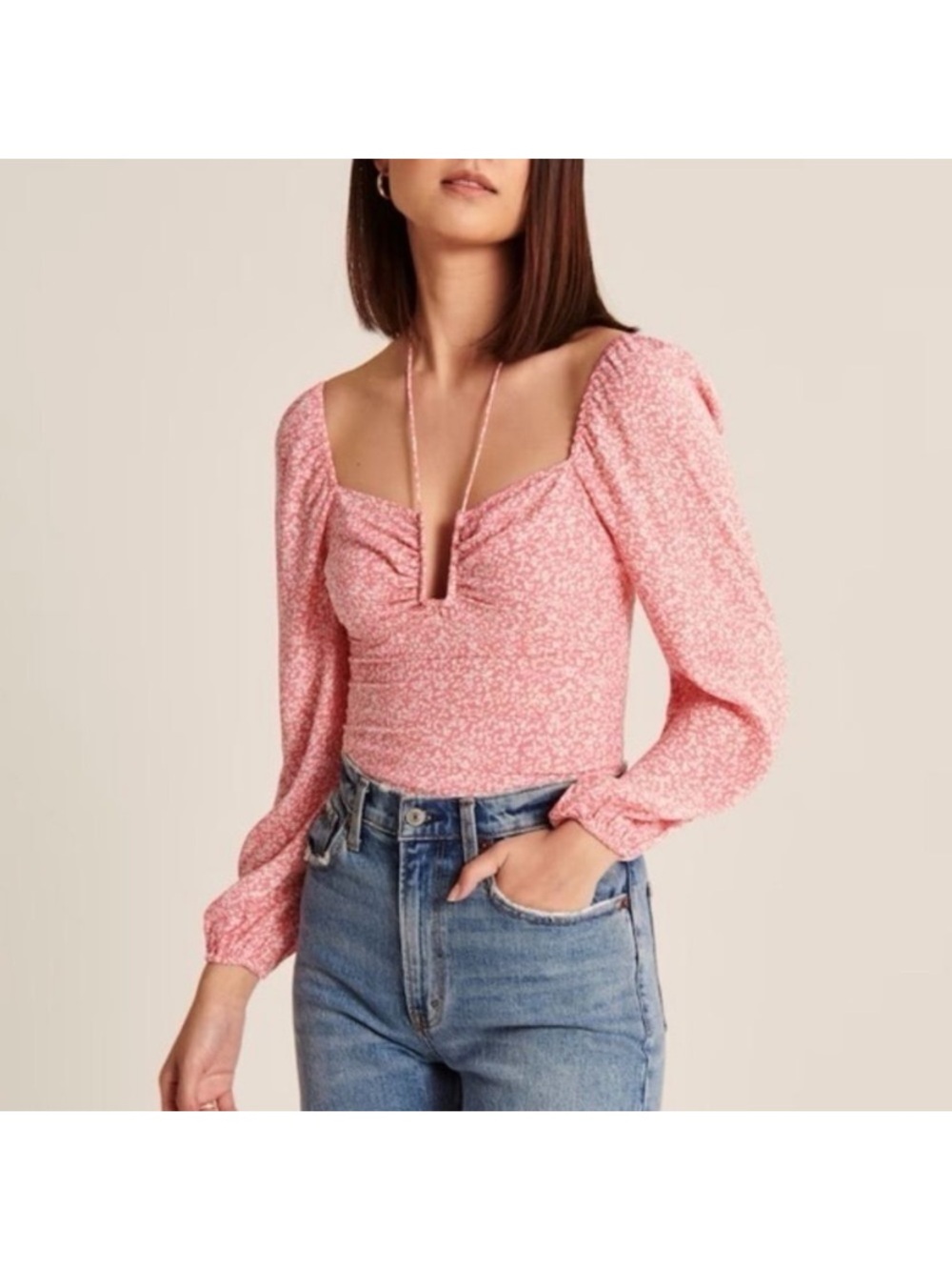 Abercrombie & Fitch Pink Floral Cropped Peasant Top - size Large